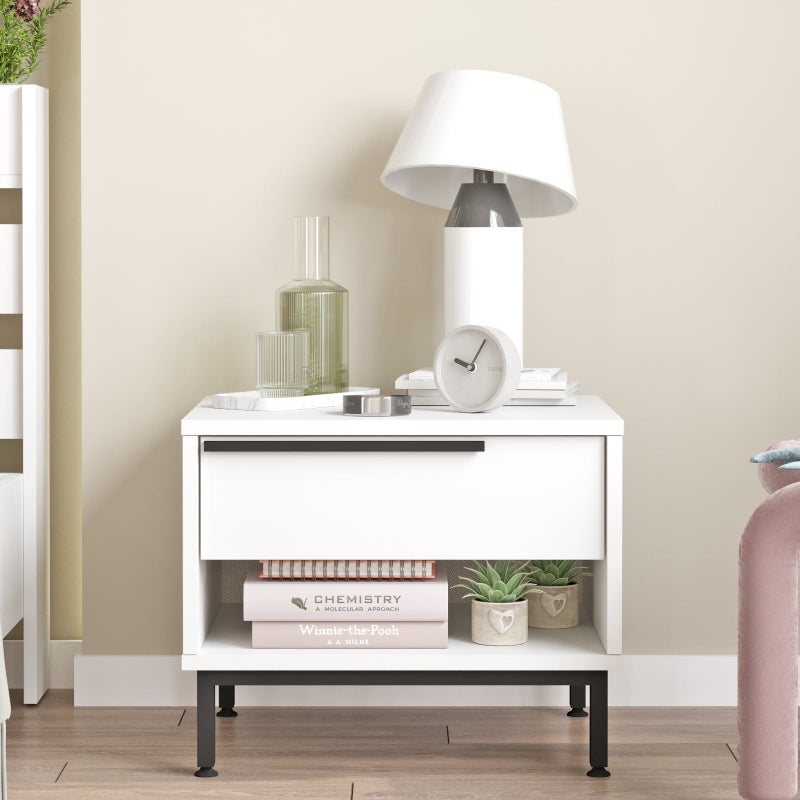 Home Canvas  Lunar Bed Side Table with Drawer & Open Shelf, White - Image 2